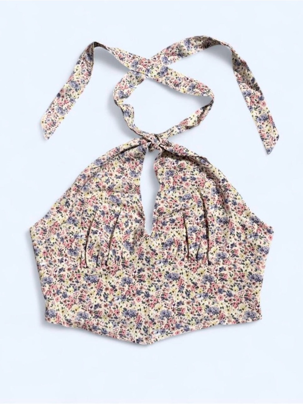 Zaful Floral Halter Crop Top - Cream Multi